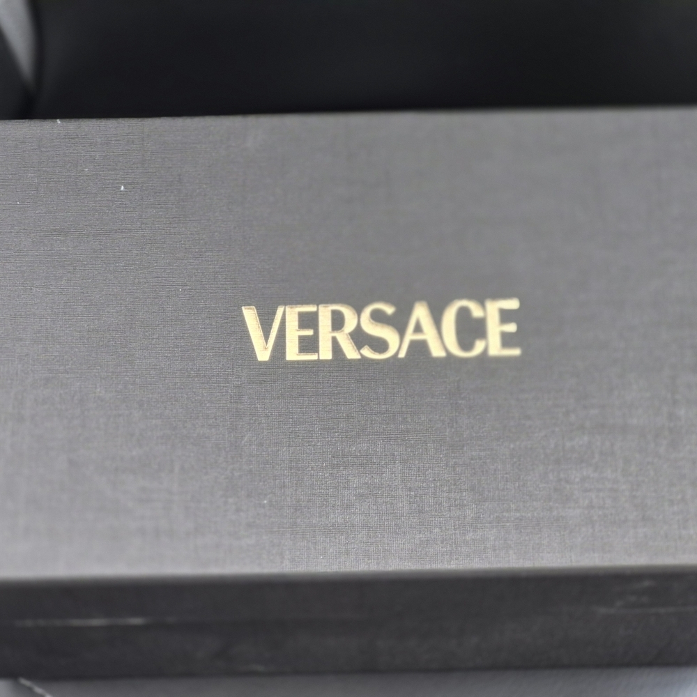 Versace Black Logo Shoe Box With 5 New Versace Gold & White Medusa Motif Pencils